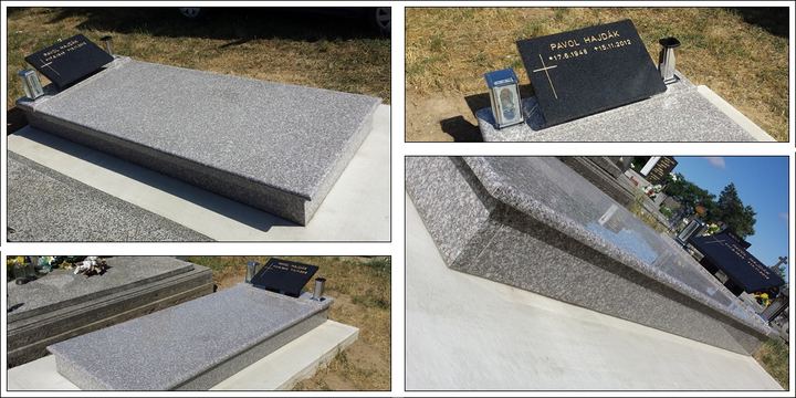 Ukážky urnových hrobov a detailov žulového spracovania.